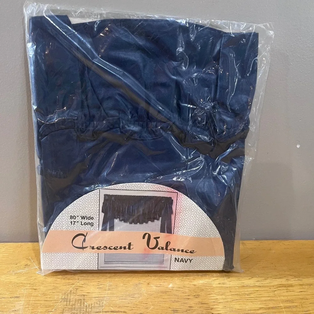 Vtg Crescent Valance Navy Blue Chintz Finish Ruffled Window Treatment 80x17 USA